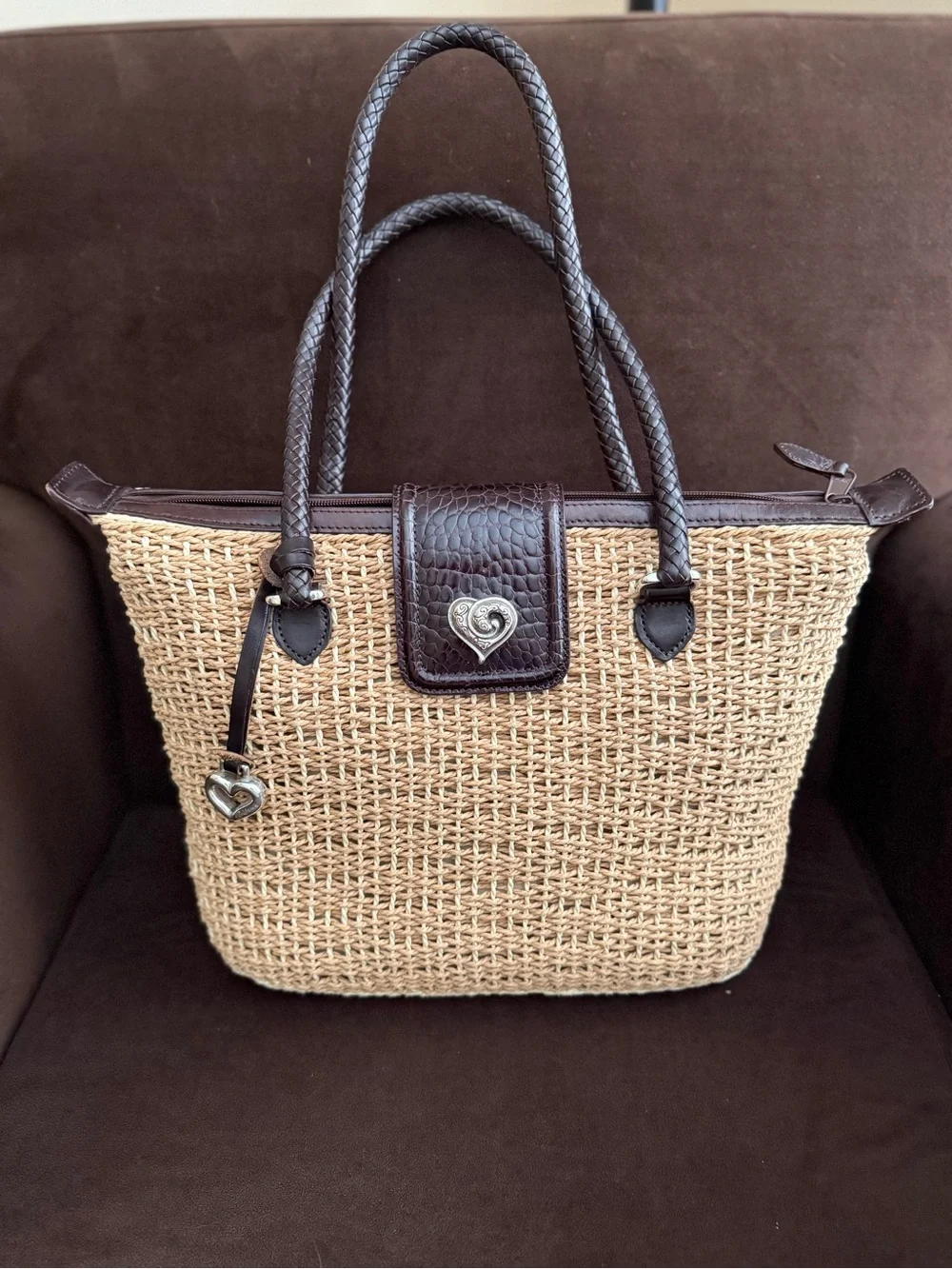 Brighton Penelope Woven Straw Shoulder Tote Dark Brown Trim and SilverHeartLogo